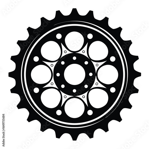 Black Gear Silhouette with Circular Cutouts and Concentric Rings Illustration Graphic