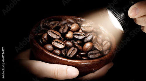 Hands holding a wooden bowl filled with roasted coffee beans, illuminated by a flashlight, showcasing the rich texture and color of the beans in a dramatic lighting setting