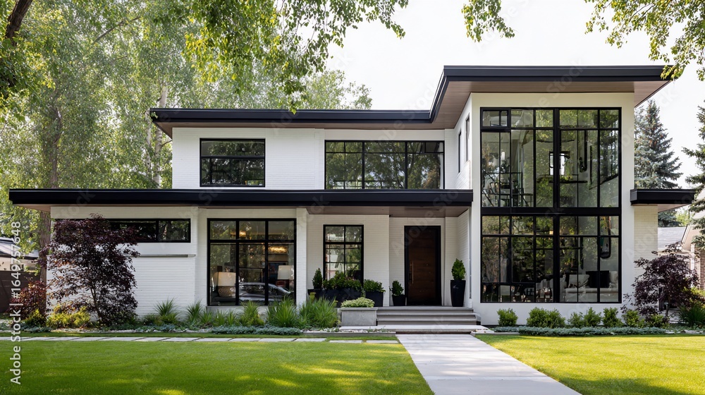 Obraz premium Modern two-story home with white exterior, large windows, and manicured lawn (1)