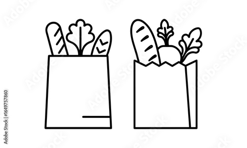 Outline icons of grocery bags with fresh produce and bread. Simple grocery bag icons filled with vegetables, leafy greens, and baguettes. For food delivery, farmers market, and shopping graphics.