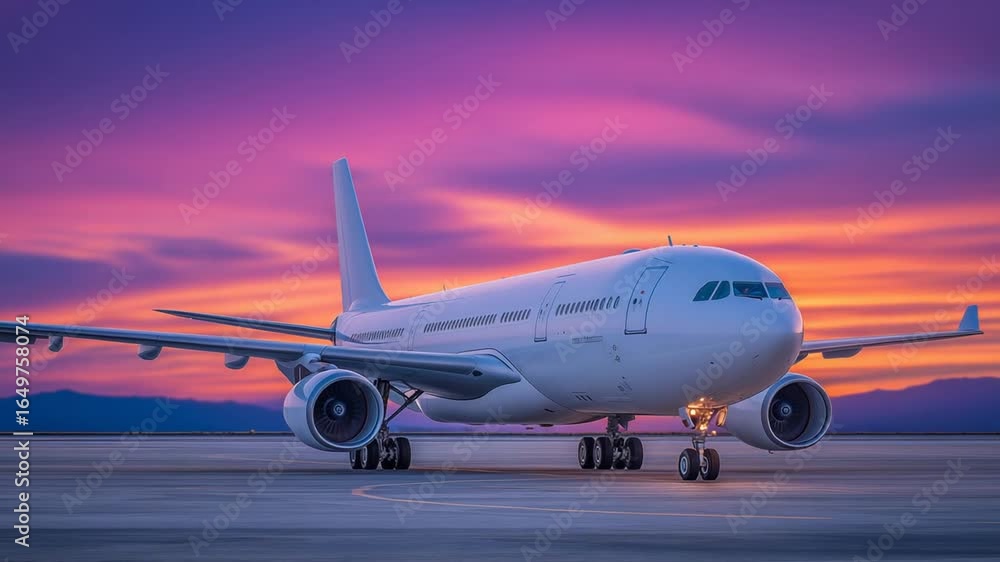 A sleek modern commercial airplane on a runway at sunset, with dramatic orange and purple clouds, symbolizes global air freight readiness. A sleek modern commercial airplane on a runway at sunset, with dramatic orange and purple clouds, symbolizes global air freight readiness.