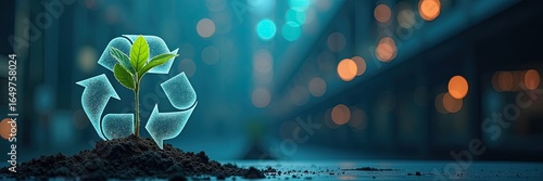Recycled plant growing in soil with a digital recycle symbol.