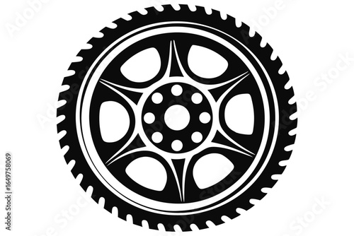 Black and White Illustration of Tire with Distinctive Tread Pattern and Custom Wheel