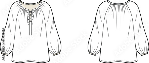 Vector fashion flat sketch of women’s long sleeve lace-up blouse with gathered details, front and back views, perfect for apparel design templates.