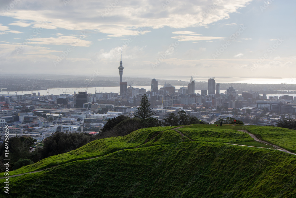 Fototapeta premium Panoramic View of Auckland Skyline with Green Hills