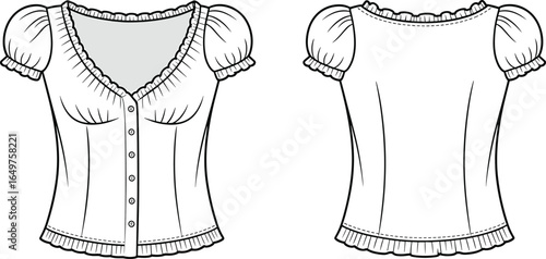 Vector fashion flat sketch of women's puff sleeve button front blouse with frill details, front and back views for garment design use.