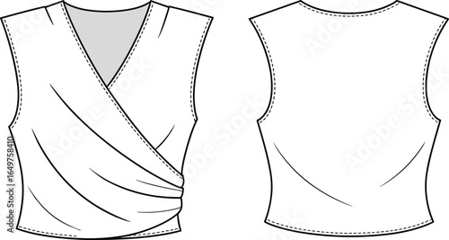 Vector flat sketch of women’s sleeveless crossover draped top with asymmetrical pleats, showing front and back views for fashion design templates.