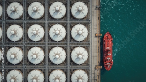 Elevated view of numerous large storage tanks and a red ship docked at a pier.