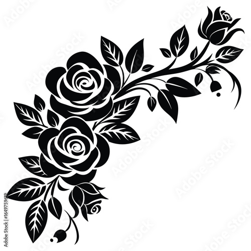Black and White Roses Bouquet with Leaves, Floral Ornament, Decorative Branch Design