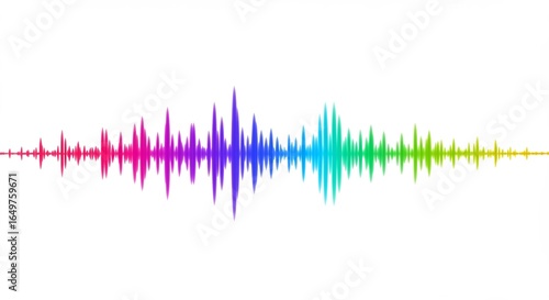 Vibrant rainbow sound waves flow smoothly across white background. AI Generated