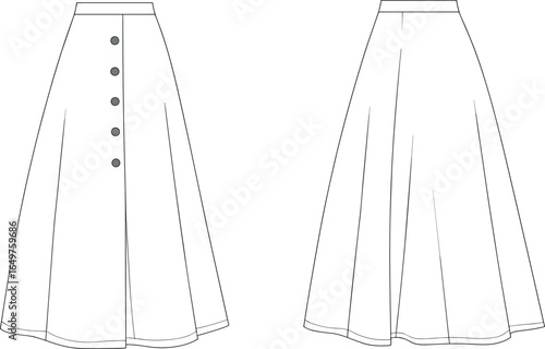 Women’s A-Line Midi Skirt Flat Sketch with Button Front Closure, High Waist, Flared Silhouette, Front and Back Views, Fashion Illustration Design