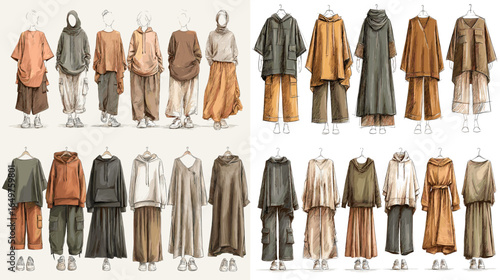 Illustration set of women’s loose casual outfits with oversized tops, wide pants, and layered styles in earthy tones. Trendy sketches for streetwear fashion design.