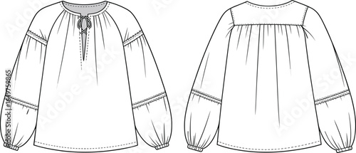 Boho Peasant Blouse Flat Sketch – Long Sleeve Gathered Top with Front Tie Detail for Women’s Fashion Design and Technical Apparel Illustration