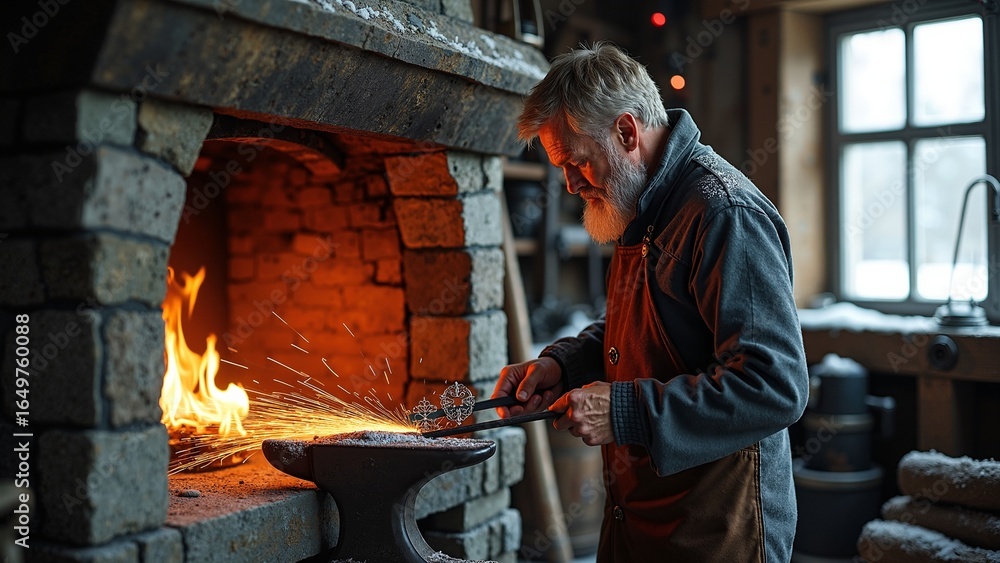 Obraz premium Artisan forgeron travaillant le métal dans une forge rustique en cabane en bois enneigée en hiver avec étincelles sur l’enclume