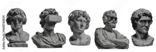 Set of greek statues wearing sunglasses, headphones and VR glasses halftone grunge vector design elements