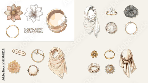 Fashion illustration of hijab accessories including pins, rings, brooches, and scarves. Elegant jewelry and headwear elements for modest fashion design.