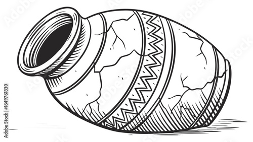 An antique pottery vase with a patterned band and cracks lying on its side in black and white line art