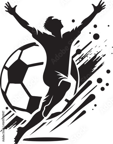  A finely crafted silhouette of a soccer player celebrating amidst dynamic artistic elements and a large symbolic soccer ball. Ideal for sports, art, victory, and game