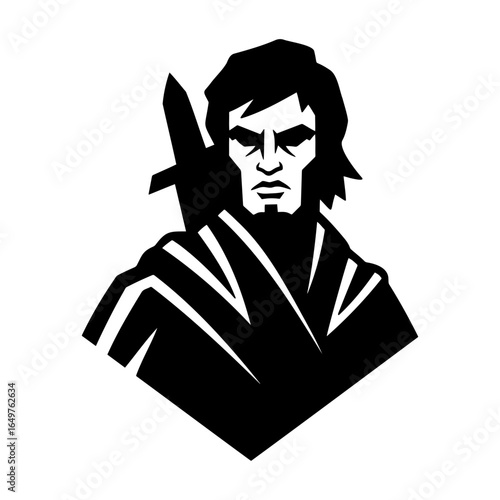 Stylized warrior with sword and serious expression in black silhouette  