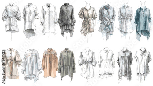 Fashion illustration set of women’s oversized blouses and tunics in soft watercolor style. Trendy clothing sketches for apparel design and fashion collection.