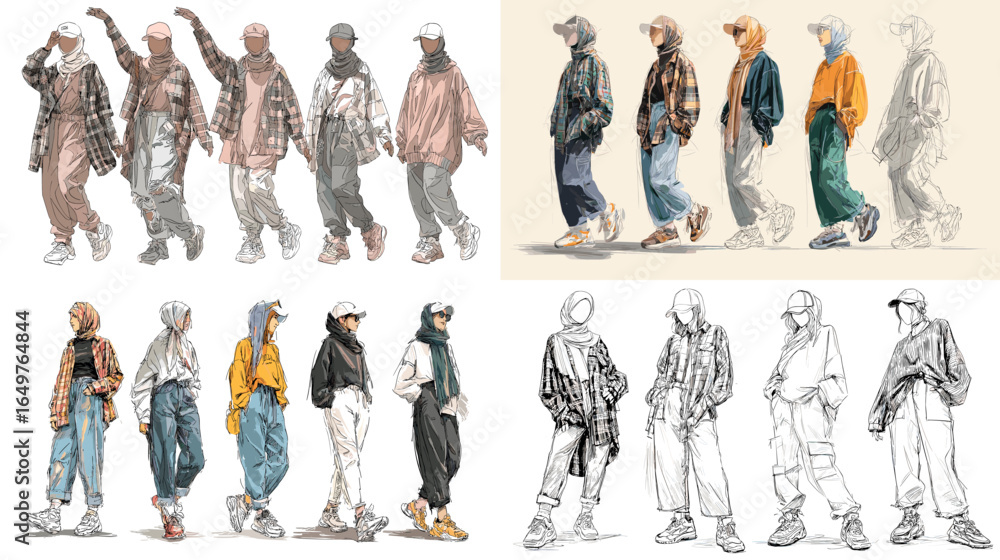 Fototapeta premium Trendy streetwear fashion illustration of young men and women in oversized jackets, hoodies, and caps, showcasing urban culture, casual lifestyle, and modern outfit ideas.