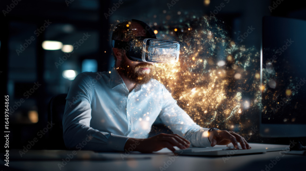 Obraz premium A man wearing a VR headset interacts with a computer, surrounded by a visual effect of sparkling particles, illustrating a virtual reality experience.