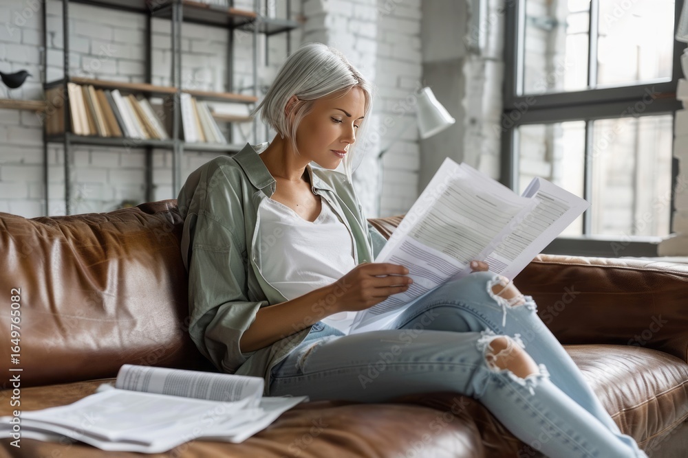Obraz premium Calm Reading On Leather Sofa