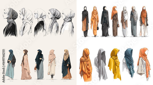 Artistic collection of hijab fashion sketches featuring women in modest outfits with modern and traditional styles, elegant scarves, and cultural clothing designs.