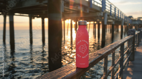 Pink Water Bottle on Pier at Sunset