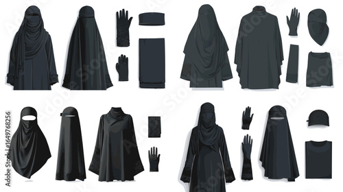 Illustrated set of Islamic clothing including niqab, abaya, gloves, hijab, and accessories, representing modest fashion and traditional Muslim women’s attire.