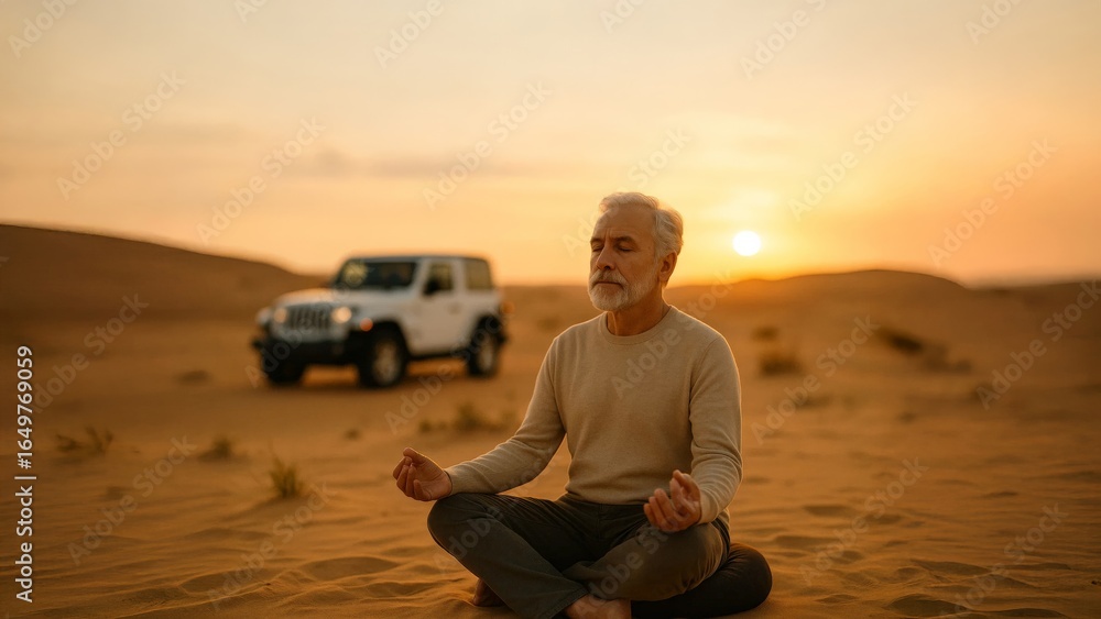 Fototapeta premium Elderly man sitting cross-legged meditating in desert at sunset, eyes closed, enjoying peaceful solitude near parked car.
