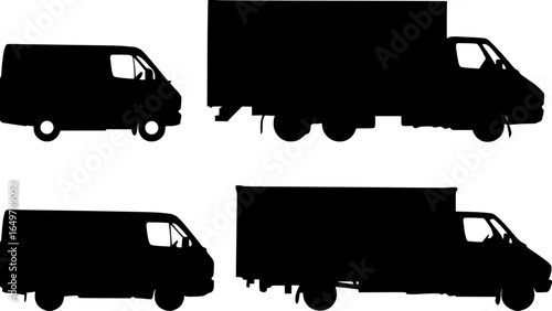 "Clean schematic illustration of three trucks in silhouette — small van, medium box truck, large semi — each in solid black, side profile, arranged symmetrically in a grid layout on a white background
