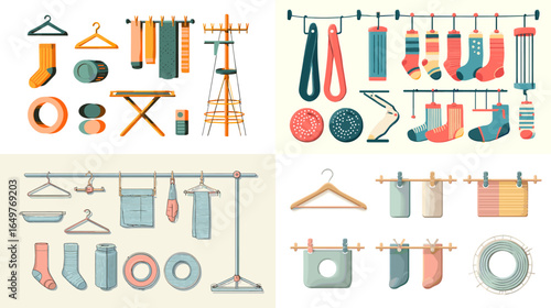 Set of household laundry illustrations with hangers, socks, towels, and drying racks, showing washing, drying, and organizing clothes in everyday home routines.