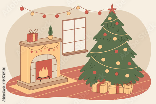 Cozy christmas living room scene with a decorated tree and fireplace