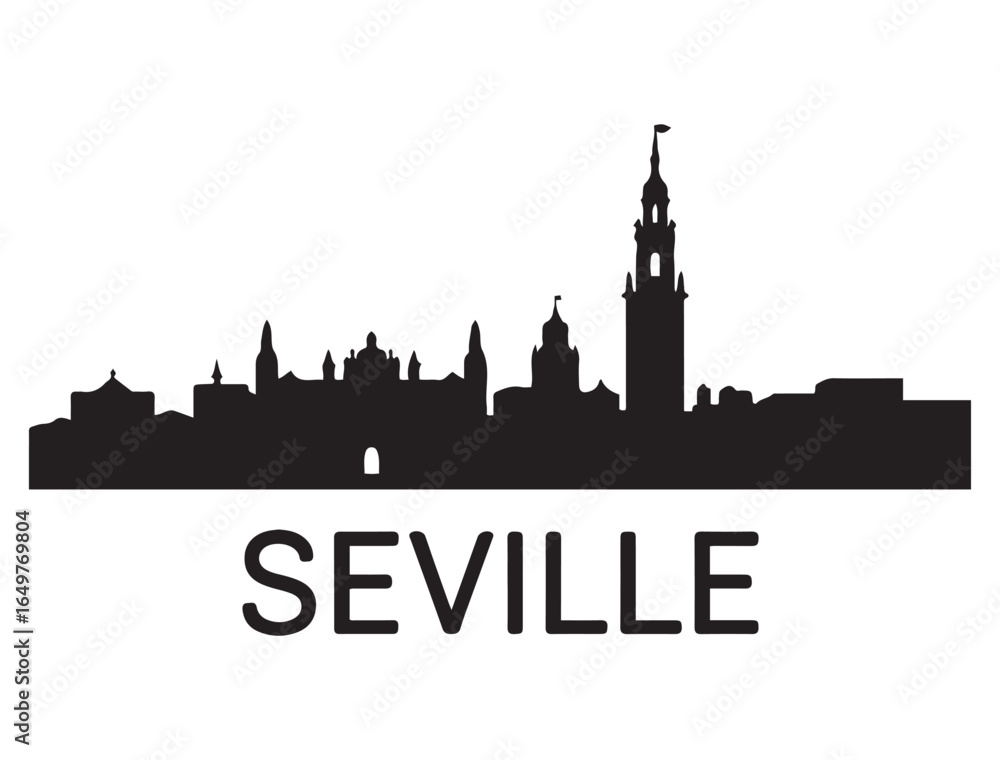 Fototapeta premium Seville city skyline. Black cityscape. Vector banner. Vector black silhouette. with white background