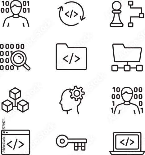 Icons representing coding, programming, and data processing Keywords: programmer, binary code, chess pawn