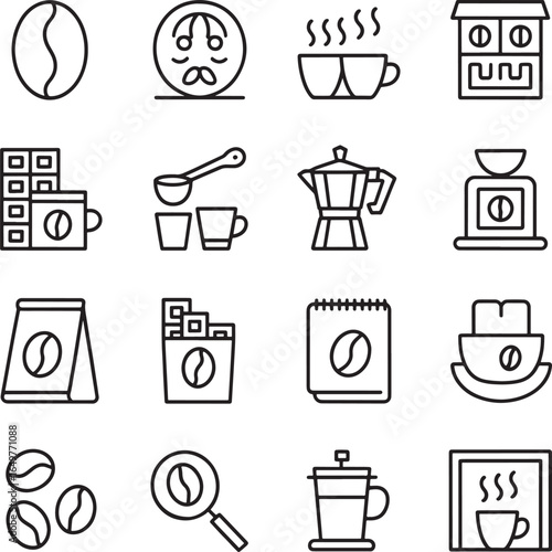Coffee Icons Set Featuring Beans Cups Mugs Grinder and More mocha pot