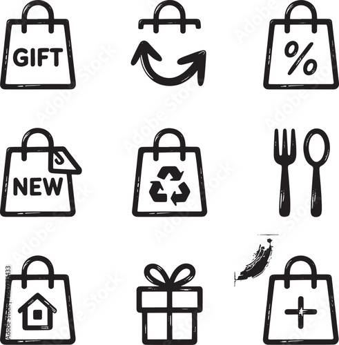 Shopping bag icons with gift percentage new recycling and house symbols vector illustration