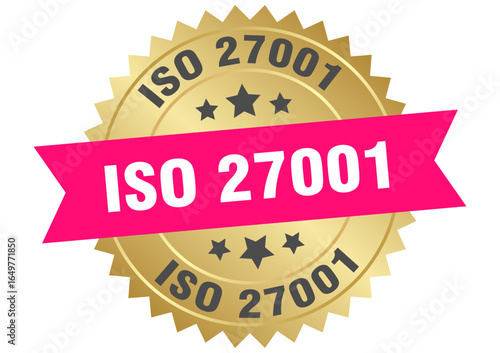 iso 27001. iso 27001 round pink and gold label isolated on transparent background