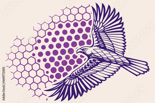 Majestic purple eagle with outstretched wings soars through a geometric honeycomb and polka dot pattern