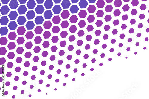 Abstract geometric background with a gradient of purple hexagons fading into white space
