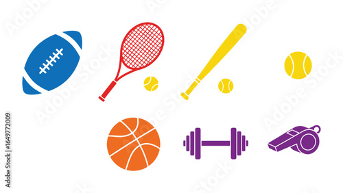 Sporting Gear Extravaganza: A vibrant collection of essential sports equipment, each element radiating energy, ready to spark the spirit of competition and the joy of active play.
