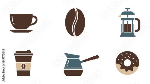 Coffee Set: A delightful assortment of coffee-related elements is arranged, evoking the pleasure of a cafe experience, from a classic cup to a take away, all beautifully captured in a flat design