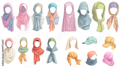 Vector set of hijab, scarf, turban, and headwear styles for women. Modern modest fashion illustration for identity, culture, and lifestyle design.