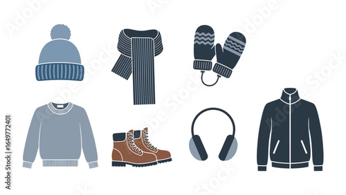 Winter Wardrobe Essentials: An array of winter apparel elements including a warm cap, soft scarf, cozy mittens, durable boots, comfortable sweater, modern headphones, and a stylish jacket.