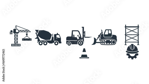 Construction Silhouette Set: A cohesive collection of monochromatic silhouettes of various construction machinery, providing a clean, minimalist, and informative representation.