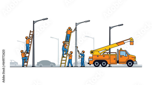 Urban Maintenance: Workers meticulously maintain streetlights in an urban landscape, highlighting the critical role of infrastructure in maintaining the city's rhythm. 