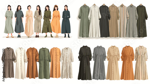 Collection of modest fashion dresses for women in earthy tones. Vector illustration of stylish long dresses for modern wardrobe and lifestyle design.