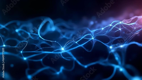A digital visualization shows interconnected neural pathways with glowing signals traveling through them. Concept of neuroscience and neural network.