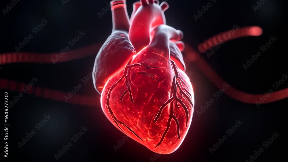 Human heart with glowing arteries and veins highlighting blood circulation on a dark background. Concept of cardiology and human anatomy.
